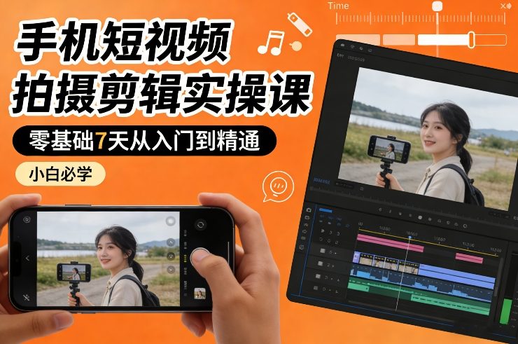 手机短视频拍摄剪辑实操课，零基础7天从入门到精通，小白必学_天恒副业网