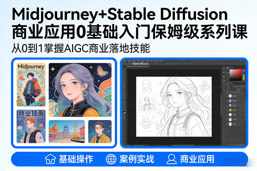 AIGC商业应用Midjourney+StableDiffusion教程，0基础入门保姆级系列课_天恒副业网