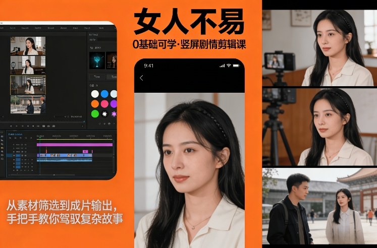 0基础可学！《女人不易》竖屏剧情剪辑课，从素材筛选到成片输出，手把手教你驾驭复杂故事_天恒副业网