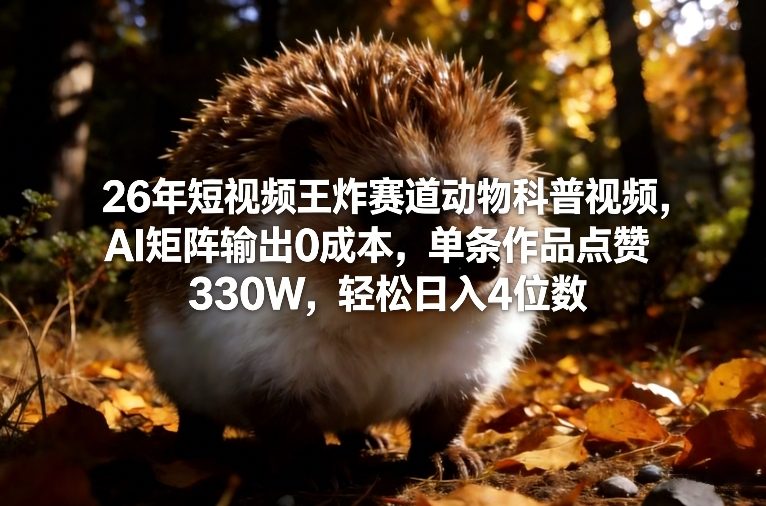 26年短视频王炸赛道动物科普视频，AI矩阵输出0成本，单条作品点赞330W，轻松日入4位数_天恒副业网